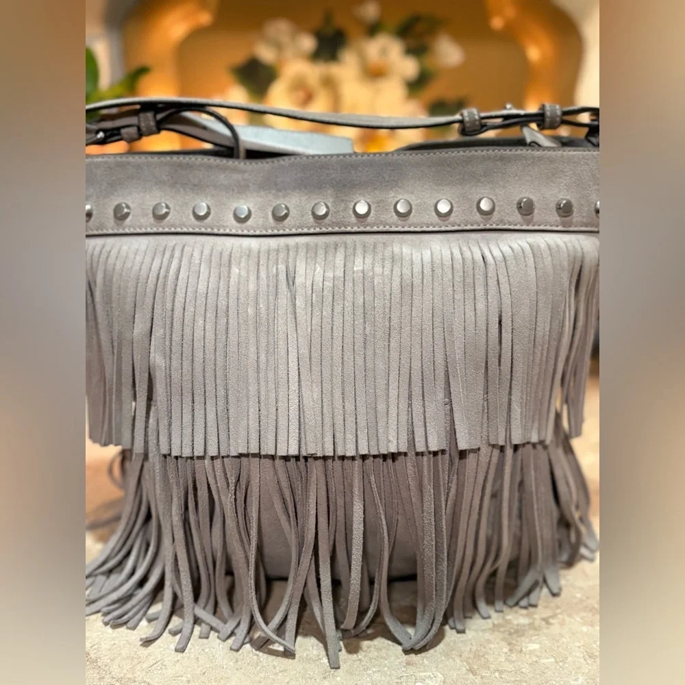Michael Kors Gray Billy Fringe Crossbody Bag with Studded Detail
